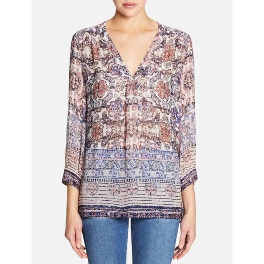 Joie Dusty Pink Printed Aceline Long Sleeve Silk Blouse M